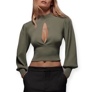 Zara Olive Green ribbed Puff Sleeve Key Hole knit Top Size M